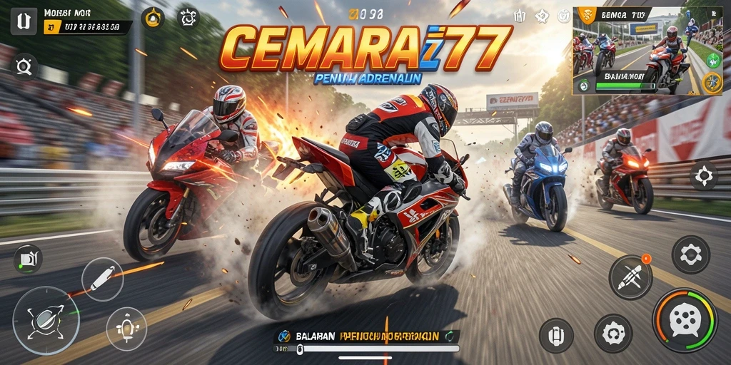 Screenshot utama CEMARA77 menampilkan aksi balapan motor yang mendebarkan.